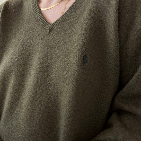 Vintage 1990s Polo Ralph Lauren Olive Green 100% Lambs Wool V Neck Sweater 4XL - Picture 3 of 8